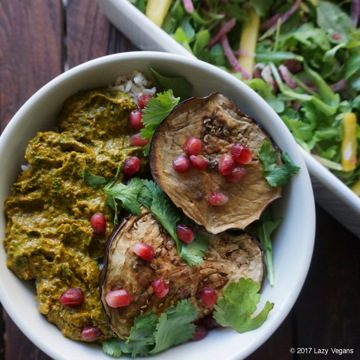 curry pesto rice bowl with roasted eggplant